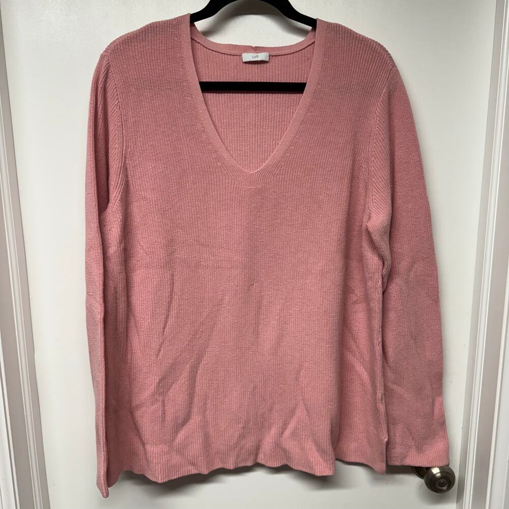J Jill Womens Pullover V Neck Sweater Pink Knit Size Medium Split Hem Wrist
